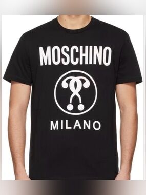 Moschino Milano Question Marks? Black Logo Crewneck Casual Cotton T-Shirt Size M